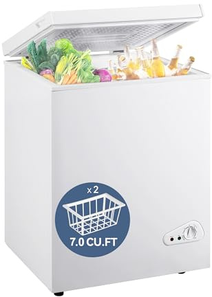 7.0 Cu Ft Chest Freezer - Energy Efficient & Quiet Mini Freezer with Adjustable Thermostat - Compact Deep Freezer for Home, Apartment, and Garage - Removable Basket & Defrost Drain