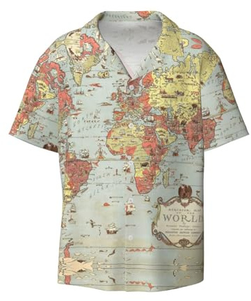 ALLiYa World Map - Camisa de manga corta para hombre, estilo informal, para uso diario, para negocios, bar, trabajo, NEGRO, XXL