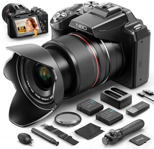 NBD 5K Digitalkamera 64MP | 16x Opt. Zoom & Autofokus | 3 180° Drehdisplay | Blitzschuh (HS) Pro-Erweiterungen | WiFi | inkl. 64GB TF-Karte + Wartungs-Kit (Schwarz)