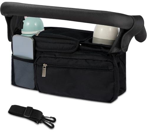 Organizer per passeggino con 2 portabicchieri, borsa per carrozzina impermeabile Oxford organizer per bambini con tasca staccabile regolabile tracolla organizer portatile (nero)