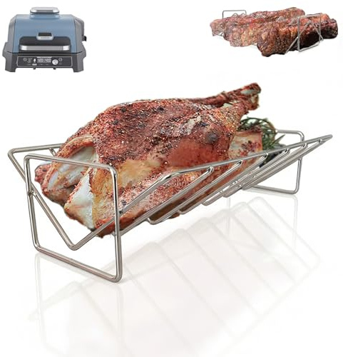 huanniu Supporto per Costine & Cestello per Barbecue Ninja Woodfire XL OG850/OG901，Griglia antiaderentea Forma di V per Pollos, Acciaio Inox 304 più Spesso