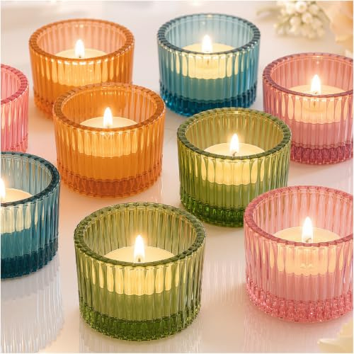 msymsyu 28 stycken färgglada värmeljus glas 5,5 cm x 3,5 cm värmeljus glas | Guld/blå/rosa/grön, små värmeljusglas, ljusglas för födelsedagskalas, bröllopsdekoration, halloween, alla hjärtans dag
