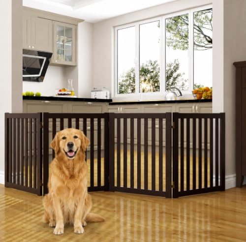 WELLAND 24 Freestanding Pet Gate, Foldable Wooden Dog Gate, 4 Panel Step Over Fence, Indoor Puppy Gate, Expands Up to 80 Wide, Espresso