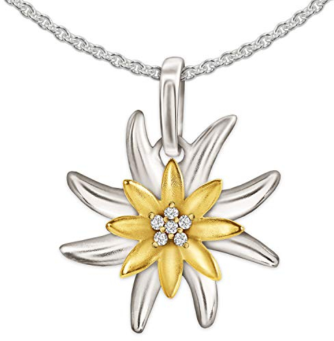 Clever,Set di gioielli in argento con ciondolo a forma di stella alpina bicolore, 19 mm, petali di fiori lucidi e catena a maglia barbazzale da 45 cm, in argento Sterling 925 con custodia magnetica