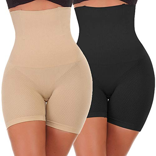NINGMI Femme Panties lot de 2 Culottes Taille Haute Gainante Minceur Ventre Plat Efficace sous-vêtements, noir/beige, XL