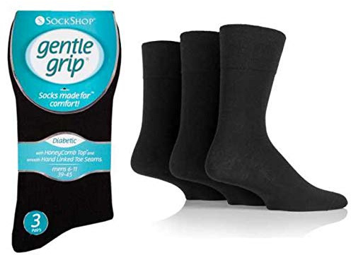 3 PAIRS Sockshop Men's Diabetic Cotton Rich Gentle Grip HoneyComb Top Non Elastic Socks Size 6-11 (black)