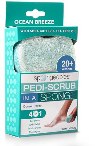 Svampar Pedi-Scrub fotbuffert, tvålen är i svampen, innehåller fartygssmör och tea tree-olja, fotskalningspis, 20+ tvättar, havsbris doft, 1 st