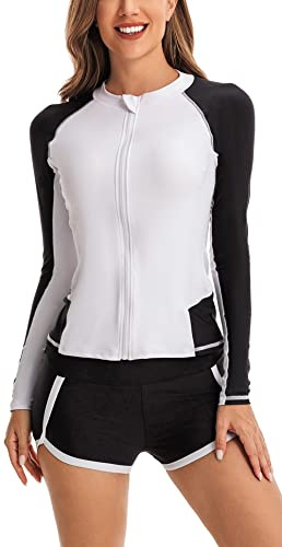 FEOYA Costume da Bagno 2 Due Pezzi Donna Bianco M Costume Mare Fascia con Short Cerniera Davanti Zip Tankini Rash Guard Manica Lunga Abbigliamento Nuoto Surf Piscina Protezione UV Spiaggia Color Block