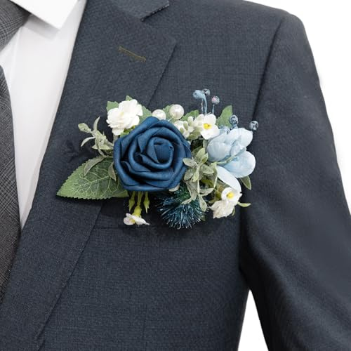 Ling's moment Pocket Boutonniere Single, Boutonniere for Men Groom for Wedding, Prom, Homecoming, Anniversary, Graduation, etc.Dusty Blue Navy, 6 W x 5 H