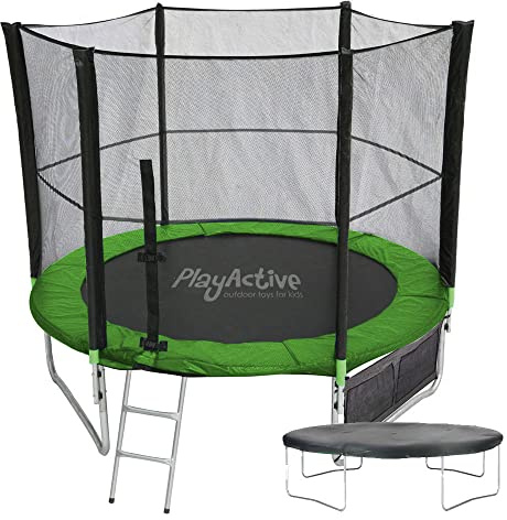 PlayActive 6ft / 8ft / 10ft / 12ft / 14ft / 16ft Kids Trampoline with Safety Enclosure Net, Ladder, Weatherproof Cover, Shoe Bag Included… (Green, 6ft)