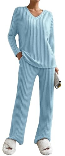 Joligiao Tuta da Donna Completo Elegante - Set Loungewear Autunnale Invernale con Pantaloni a Gamba Larga e Maglione Manica Corta Girocollo (Blu, XL)