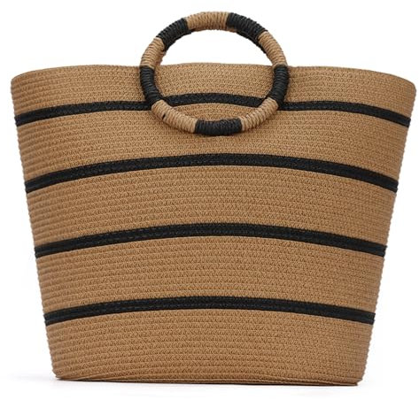 EVEOUT Strohtasche Damen Sommer Strandtasche Groß Boho Style Gestreifte Henkeltaschen Gewebte Strohkorb Tasche Strohstrandtasche