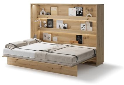 Friderik Bed Concept BC-04 Wandklappbett Horizontal Schrankbett mit Matratze und mit LED-Beleuchtung, 140x200 cm (Artisan-Eiche)