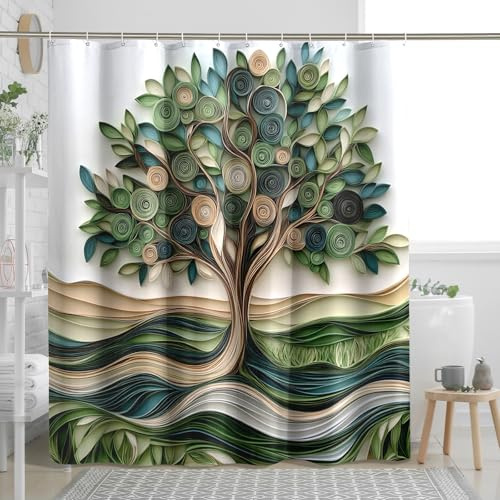 DESIHOM Paper Quilling Tree Shower Curtain Set 72 W x 78 L, Spring Nature Scenic Bathroom Decor, 3D Landscape Printed Fabric Bath Accessories