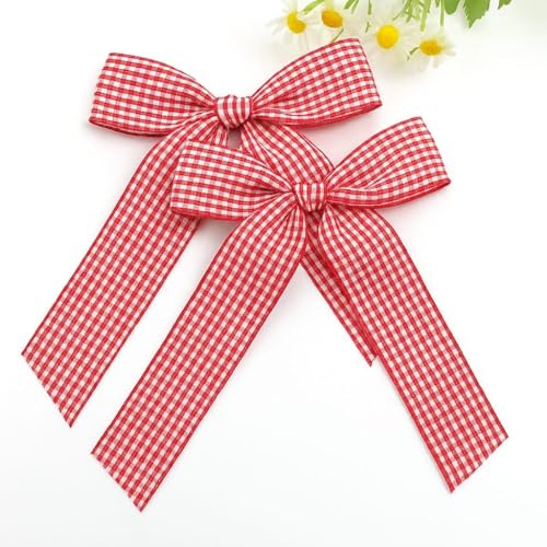 Gingham Hair Bow Set – Pack of 2 | School Hair Clips | Back to School Accessories for Girls | Red Checked Pattern | Large Ribbon Bows with Alligator Clips – One Size