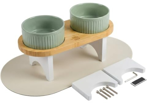 BELMIN Ciotole per Cani Rialzate – Porta Ciotole per Cani Rialzato con Ciotola Cane in Ceramica – 2 Altezze Regolabili – Base in Bambù Naturale – Tappetino Antiscivolo – Ideale anche Ciotola per Gatti
