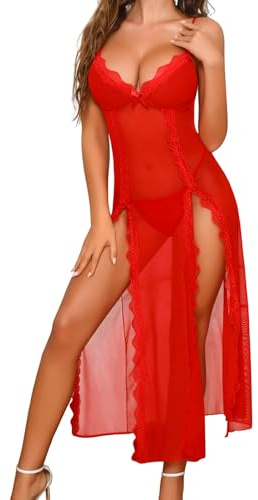 Niwicee Lencería Sexy Mujer Babydoll Transparente Vestido de Encaje de Malla Larga Camisón Pijama Cuello en V Hendidura Lateral Sexy Negligees Ropa de Ropa con Tanga (Rojo, L)