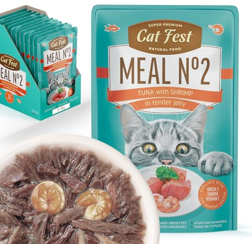 Cat Fest MEAL №1 Tuna with Shrimp in Tender Jelly, 100% Natural Wet Cat Food Pouches, High Fish Content, Enriched with Taurine, Vitamin E & Fish Oil, 12 x 50g