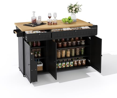 Senmate Isola Cucina Moderna con Piano di Lavoro Pieghevole Espandibile, Mobile con 6 Ruote Bloccabili 360°, Include 2 Grandi Cassetti, Armadio, Scaffale Porta e Accessori (Naturale+Nero)