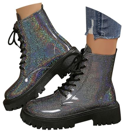 UK 5 Ankle Boots for Women Patent Leather Platform Lug Sole Combat Booties Lace up Low Block Chunky Heel Side Zipper Fall Winter Black Military Boot Shoes Stylish Footwear Gift C1_Glitter Black