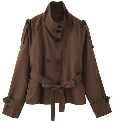 Genérico Dam kort trenchcoat casual cross-over-stil med bälte ståkrage mode 2025
