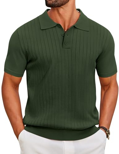 COOFANDY Polo Shirts for Men UK Summer Button Down Collar Polos Short Sleeve Golf Polo Shirt Designer Knitted Stretch Casual Smart T Shirt Work Tops Olive Green L