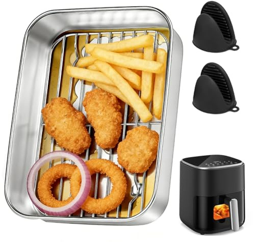 Plat à gratin en acier inoxydable pour Airfryer – Avec égouttoir, couvercle et poignées, accessoires Airfryer pour Ninja, Cosori, Philips, Plat à gratin Airfryer, sans BPA et sans odeur