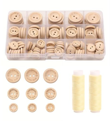 AEUXZA 140 Piezas Set de Botones de Madera con Hilo de Coser, Botones 15mm 20mm 25mm Handmade with Love, Botones Naturales para Chaquetas, Manualidades y Costura, Beige