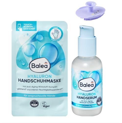 Balea Hyaluron Set per la cura delle mani – Maschera per guanti + siero e spugna in silicone bonus