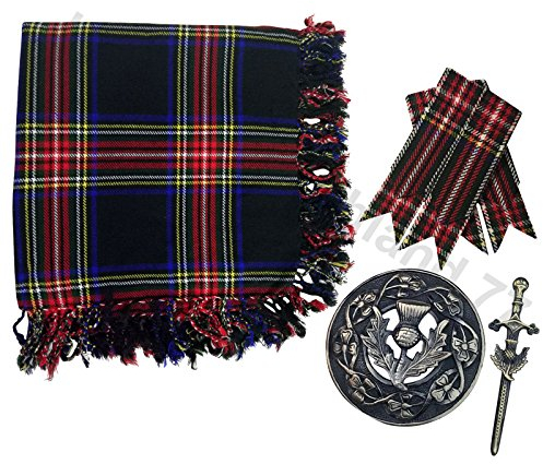 Kilt Fly Rutig 122 cm x 122 cm skotska höglandet flugbrosch och stift antik/kilt blixtar set, Svart stewart, 48 x 48