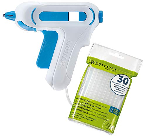 Westcott Mini pistolet à colle chaude avec 30 bâtons de colle, kit avec pistolet à colle et bâtons de colle pour l'école, la maison et le bureau, blanc/bleu