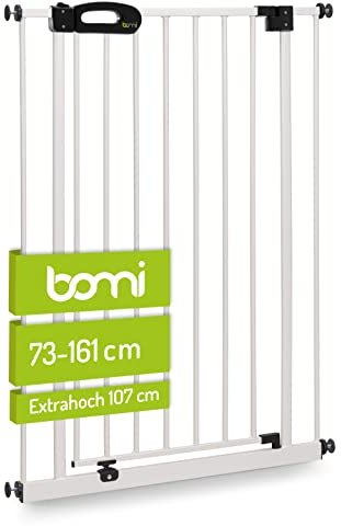 BOMI Treppenschutzgitter Merle | Extra Hoch 107 cm | Ohne Bohren | Schließt automatisch | Kinderschutzgitter weiss öffnet in beide Richtungen | Tür- & Treppenschutzgitter Baby Hund | Breite 133-141 cm