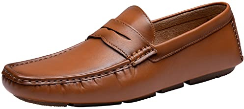 Jousen Men's Loafers Casual Slip On Shoes Soft Penny Loafers for Men Lightweight Driving Boat Shoes (AMY802A Polished Brown 12)