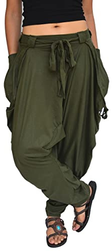 Sakoonee Women Men Harem Pants Palazzo Dhoti Style 2 Pockets Cotton Green, One Size