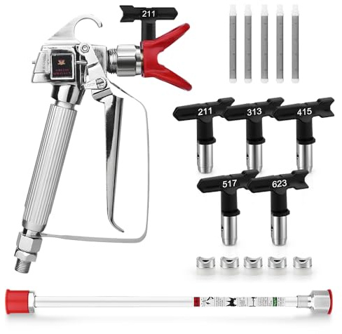 JXZSJ Airless Spray Gun High Pressure with 517 Tip, 313Tip, 517Tip and Tip Guard,Inline Celling Spray Gun fit More Paint Sprayers、16 inch Extension Rod，Mesh Paint Filter 5-Pack（211.313.415.517.623）