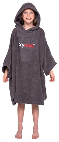 Dryrobe Towel Swim Robe - Hooded Surf Poncho Changing Robe - Organic Cotton - for Swimming, Beach, Surfing - Short Sleeve (Kids 10-13 - Slate Grey)