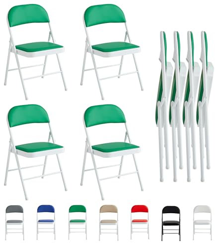 mcc direct Set of 4 Folding Chairs, Faux Leather Foldable Chairs with Metal Frame and Padded Seat, Easy to Fold and Store for Home, Office, Dining and Reception (Green)