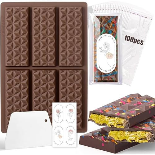 Diaxilu Schokoladenform Silikon, 6 Tafeln Tief Schokoladentafel Silikonform mit Schaber und Tasche und Aufkleber, Dubai Schokolade Form für Schokolade Praline Süßigkeiten (Diamant)