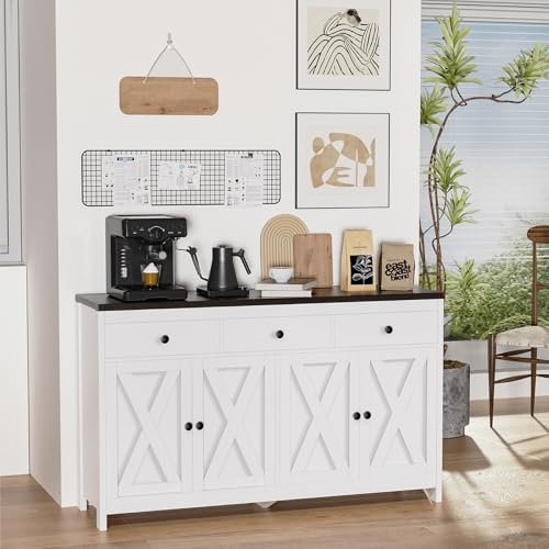 Roomark Buffet Schrank, Moderner Landhausstil Holz Kommode, Sideboard mit 3 Schubladen & 4 Fächern, Kaffeebar für Esszimmer Küche Wohnzimmer, 140x40x85 cm