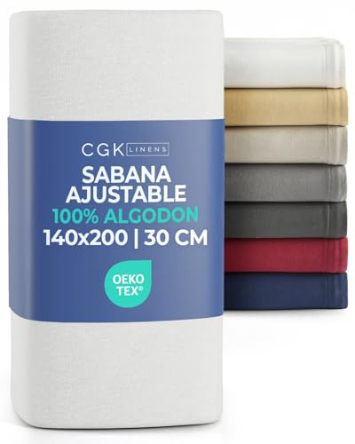 Sábana bajera ajustable 140x200 cm Blanco - 100% Algodón Jersey suave & transpirable - Bolsillo 30 cm / 12 - Sin arrugas, Resistente, Hipoalergénico & Transpirable - Certificado OEKO-TEX Standard 100