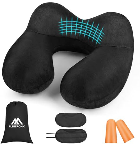 flintronic Nackenkissen Aufblasbar, Aufblasbares Kissen, Nackenhörnchen Egornomische Kopfstütze mit Samtweichem Waschbarem Bezug für Nacken, Kinn, Kopf Stützen, für Camping, Reisen (Schwarz)