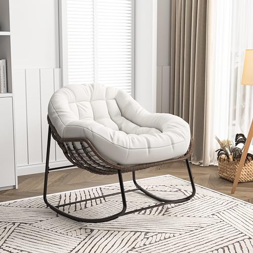 KeepGoon Fauteuil à Bascule d'extérieur en rotin avec Rembourrage, Style scandinave, d'allaitement, de Loisirs, Tissu imperméable, Support en Acier, pour Salon, Chambre à Coucher, Cour (Beige)