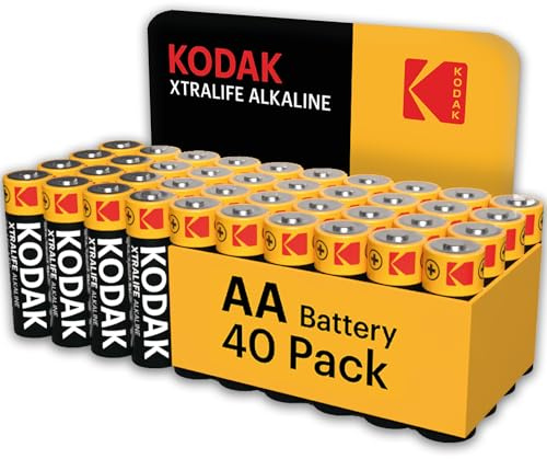 Kodak Xtralife 40 Pack of AA Alkaline Batteries with a 10-Year Shelf Life, Each Battery is Ideal for High-Drain and Low-Drain Electronic Devices, Easy Storage Cardboard Carton, Power Christmas Toys
