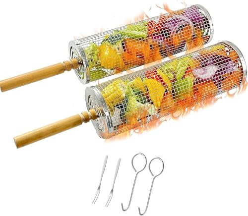 Euakee Lot de 2 Ensemble de Paniers à Barbecue Emboîtables, Acier Inoxydable 304, Poignées Bois Amovibles, Idéal Légumes, Crevettes, Poisson et Viande, Compatible Lave-vaisselle pour BBQ