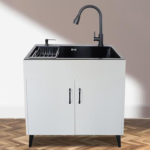 Fristående kommersiellt handfat med handfat i rostfritt stål och neddragbar kran, mångsidigt tvätt- och diskbänkskåp för inomhus/utomhusbruk, och snygg design