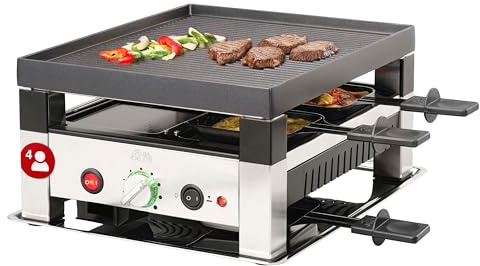 Solis 5en1 Parrilla eléctrica de 1020 W para 4 personas, con raclette y mini wok, para interior, balcón o cocina, acero inoxidable