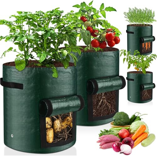 4 Pcs Sacchetti Coltivazione Patate con Finestre & Maniglie, 10 Galloni Borsa Piante Giardino Impermeabili, Sacchi Coltivare Ortaggi, Contenitore Piantare per Cipolla, Frutta, Pomodori, Carota, Fiori