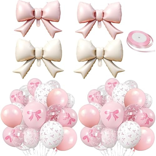 44Pcs Pink Bow Balloons Set with Ribbons, Pink Balloons Bow | Party Decoration Themed, Elegant Coquette Style, Happy Birthday Decorations For Women, Marriage Bridal Decorations