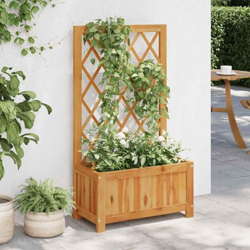 QZZCED Arriate de Madera con Enrejado de Acacia Maciza para Jardín, Patio o Terraza - Caja de Flores Grande con Diseño Rústico y Resistente a la Intemperie