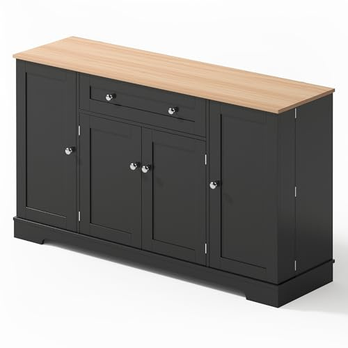 Senmate Buffet Cucina Multifunzionale, Credenza 138 cm con Cassetto, 4 Ante e Ripiani Regolabili, Design Moderno, Protezione Anti-Ribaltamento, per Cucina, Soggiorno, Camera da Letto (Nero)